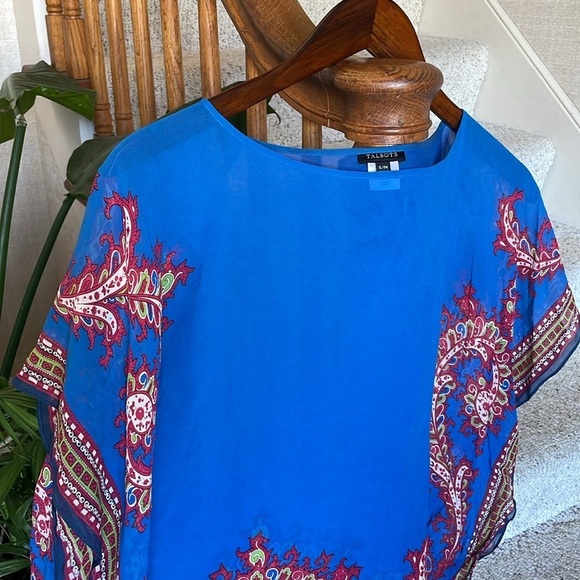 Talbots Blue Paisley Silk Kaftan Pop Over Tunic Top - Picture 3 of 9